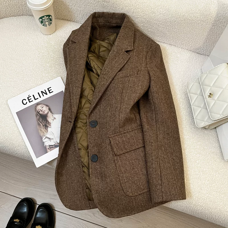 Winter retro quilted classic suit jacket, British style, oversize, increased thickness