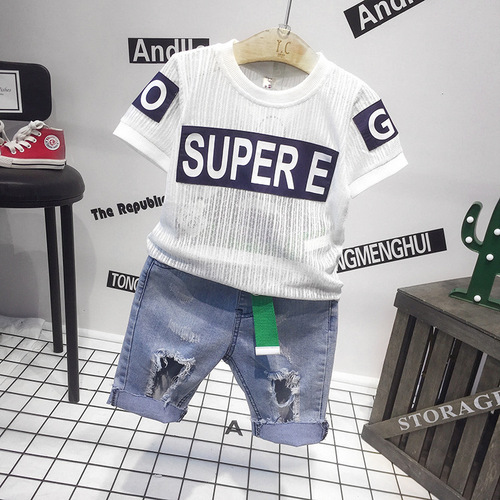Boys' Short Sleeve T-Shirt  Summer New Korean Style Hollow Upfit Children's Casual Short Sleeve 68011 Shorts Set