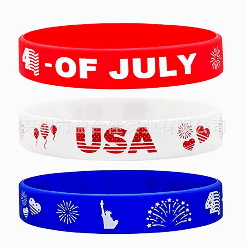 Cross-Border Patriotic Rubber Bracelet Printing Red White Blue Silicone Wristband Wrist Strap Bracelet Independence Day Party Gift Ornament