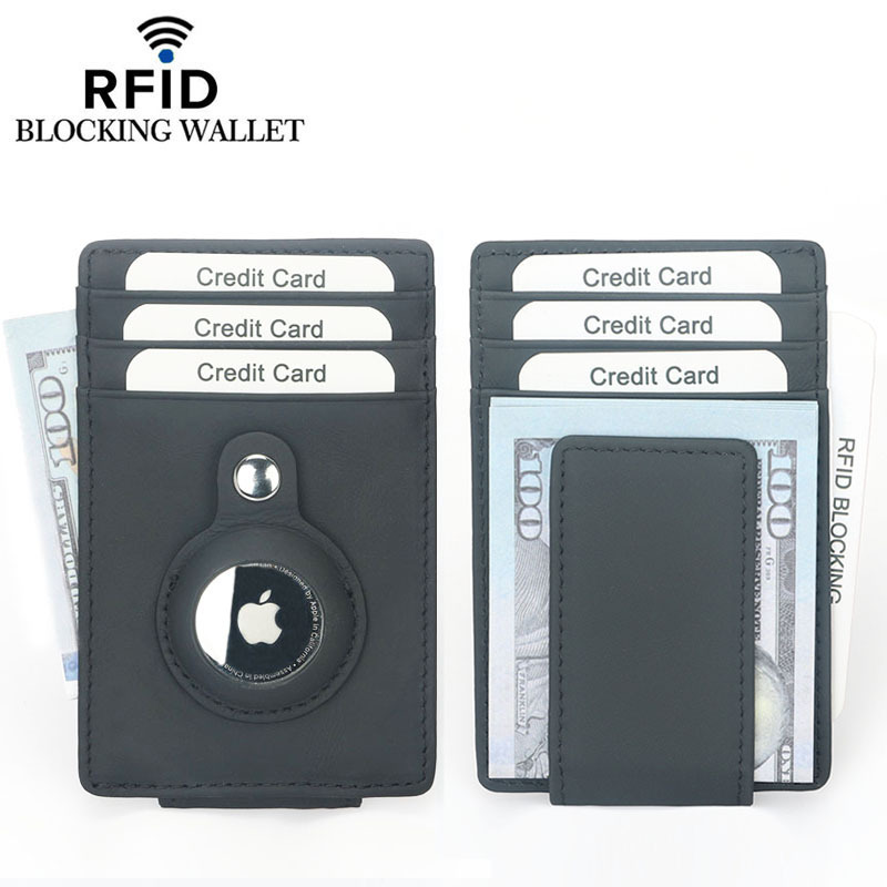 AirTag Apple Tracker Anti-Lost Protective Cover Card Case First-layer Genuine Cowhide Anti-Theft Brush RFID Wallet