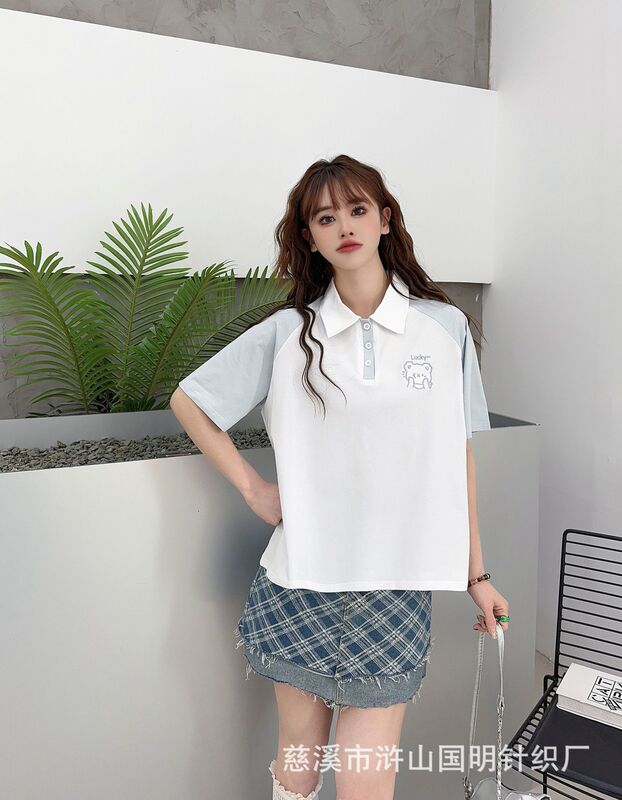 2025 新日本スポーツウェア女性の夏のカジュアルルーズ学生半袖ラグランスリーブカラーマッチングポロ襟 Tシャツ|undefined
