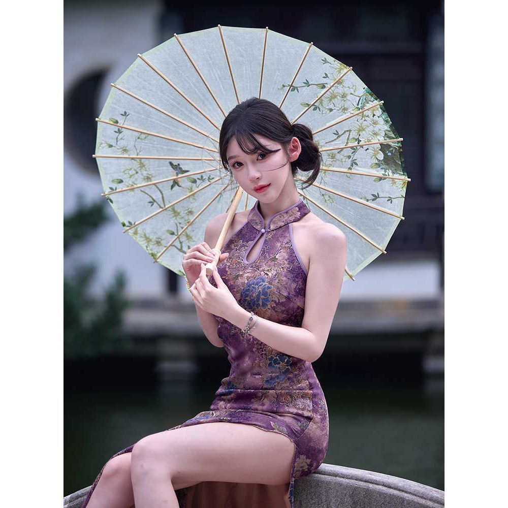 新中式连衣裙气质名媛性感收腰开叉包臀长裙重工烫金花朵改良旗袍