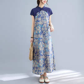2025夏季中国风改良印花旗袍裙复古茶服女中式立领盘扣棉麻连衣裙