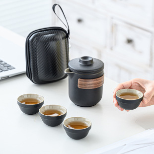 Black Pottery Kung Fu Travel Tea Set Portable Express Cup One Pot Four Cups Outdoor Teapot Business Gift Set