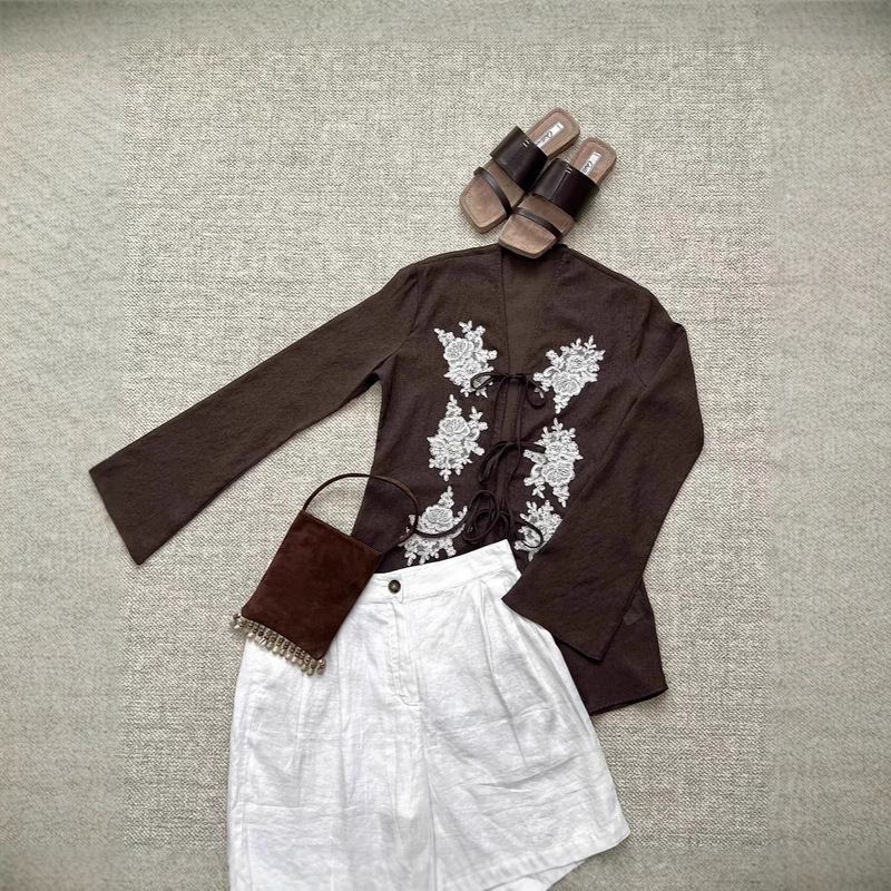 Misty Sbony Cross Hemp Yarn Hand-stitched Train-bone Lace Flower Trumpet Sleeve Strap V-neck Shirt Sun-protective Clothing