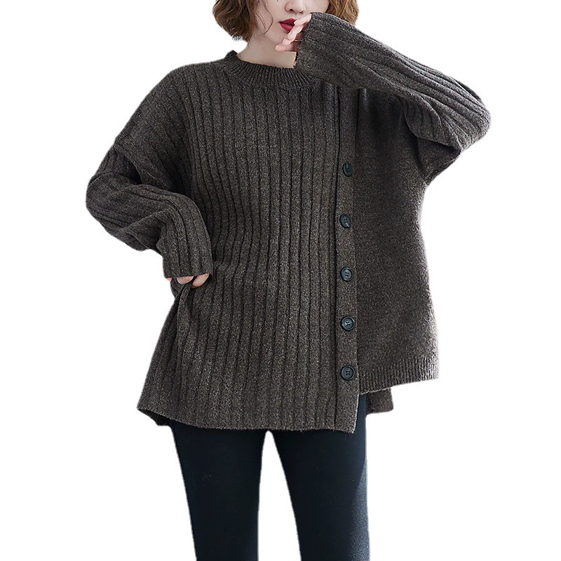 Knitted winter sweater, Korean style, round neck, plus‑size loose fit, rib knit with side buttons
