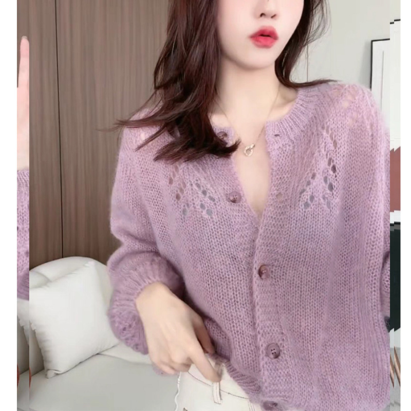 韩版休闲针织毛衣女开衫外套女2025秋季新款高级感马海毛镂空上衣|undefined