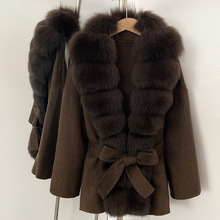 2025新超长大狐狸毛领高档羊毛呢皮草外套气质羊绒呢子大衣中长款