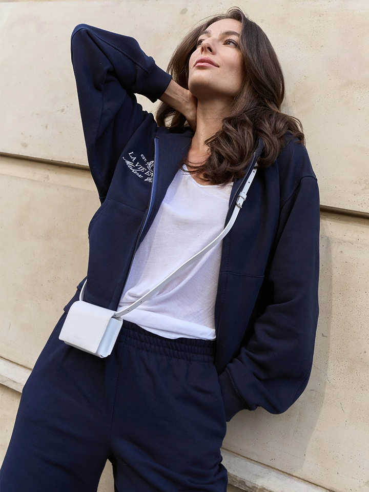 Bộ đồ thể thao nữ hai mảnh áo hoodie khóa kéo ngắn tay dài và quần dài — Màu xanh hải quân, màu xanh đậm, nâu sẫm chi tiết 22