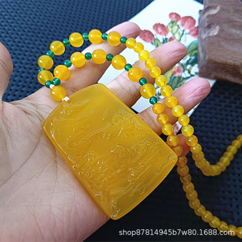 메인 차트 비드 체인이있는 Huang Calcedony No.1 풍경 (64*43mm)