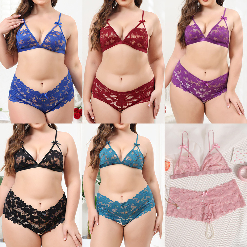 Foreign trade chubby girl European and American sexy underwear bead chain three-point backless suit sexy transparent lace suit 7559