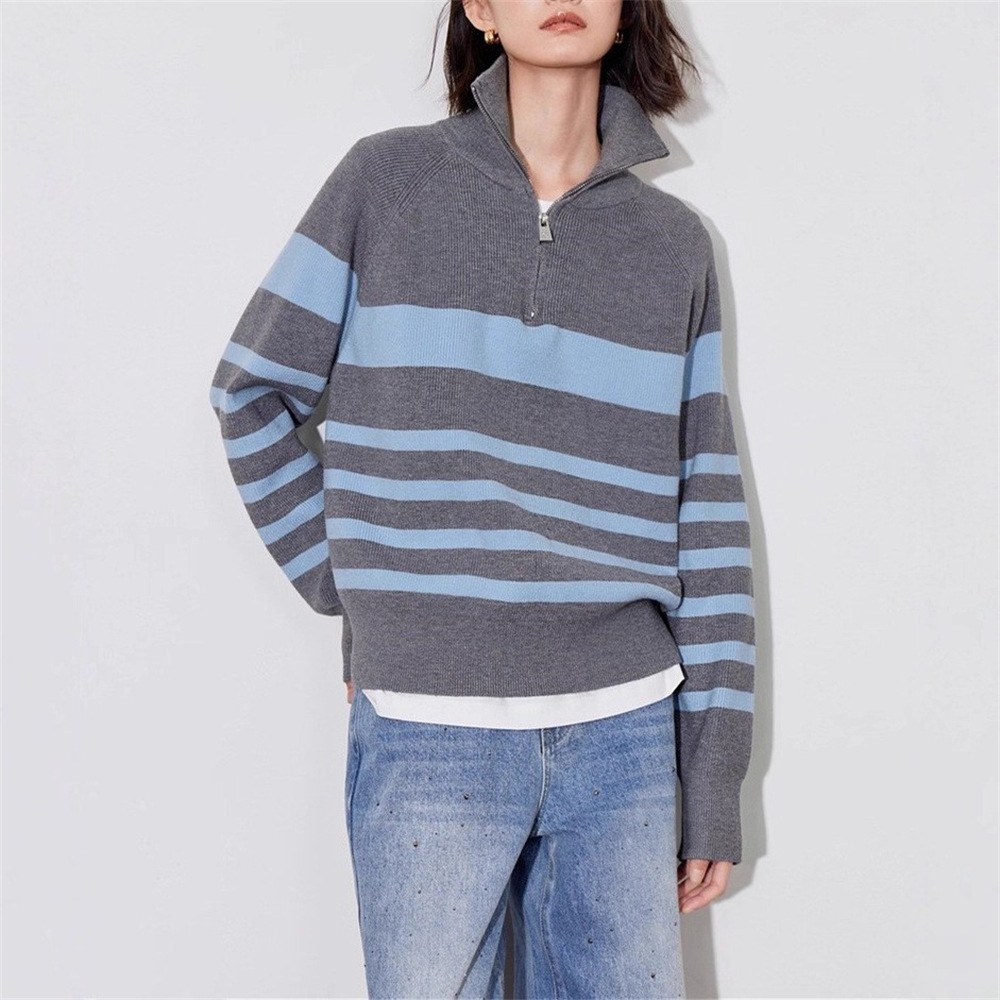 Stripes de contraste semia cremallera con solapa overhead suéter de invierno para mujeres de otoño y invierno para usar ropa de punto de reducción de edad suelta image 5