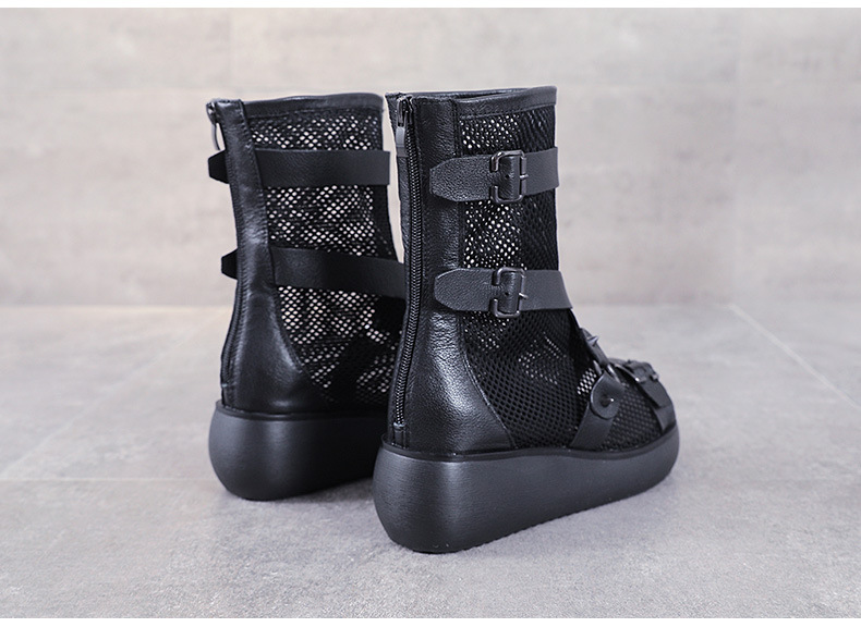 Boot Martin lưới cao gót da thật, ống rỗng đế dày thời trang, chống nước — Màu đen chi tiết 11
