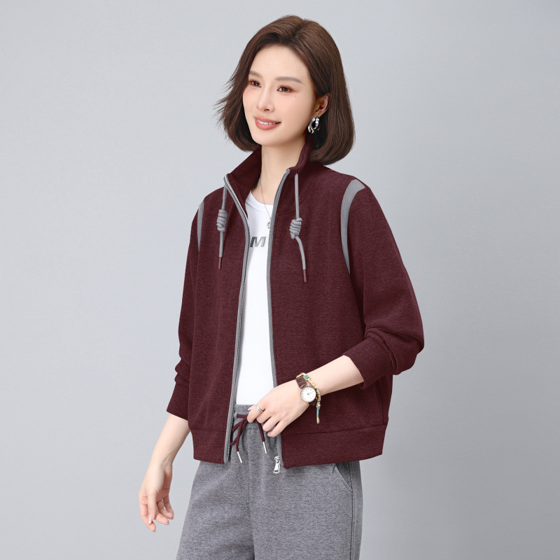立领撞色卫衣女春秋2025年新款中年妈妈宽松休闲短款拉链开衫外套|undefined