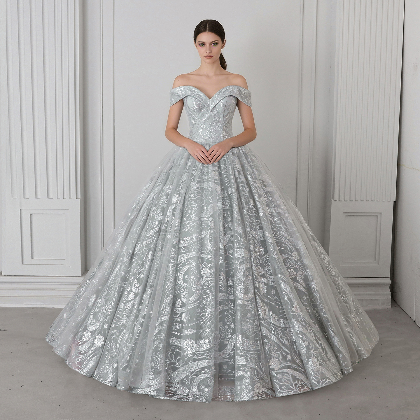 Foreign Trade European and American Light Gray Heavy Sequin One-Shoulder Tutu Skirt European and American High-End Large Size Prom Performance Evening Dress