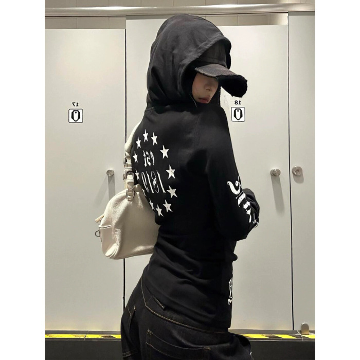 美式朋克哥特风长袖连帽t恤女秋季新款防晒罩衫修身显瘦薄款卫衣|undefined