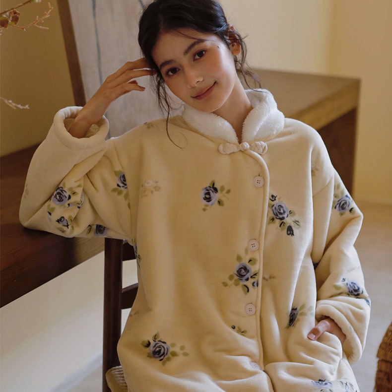 秋冬新款加绒加厚牛奶绒复合绒新中式古风韵味中长款睡裙家居服