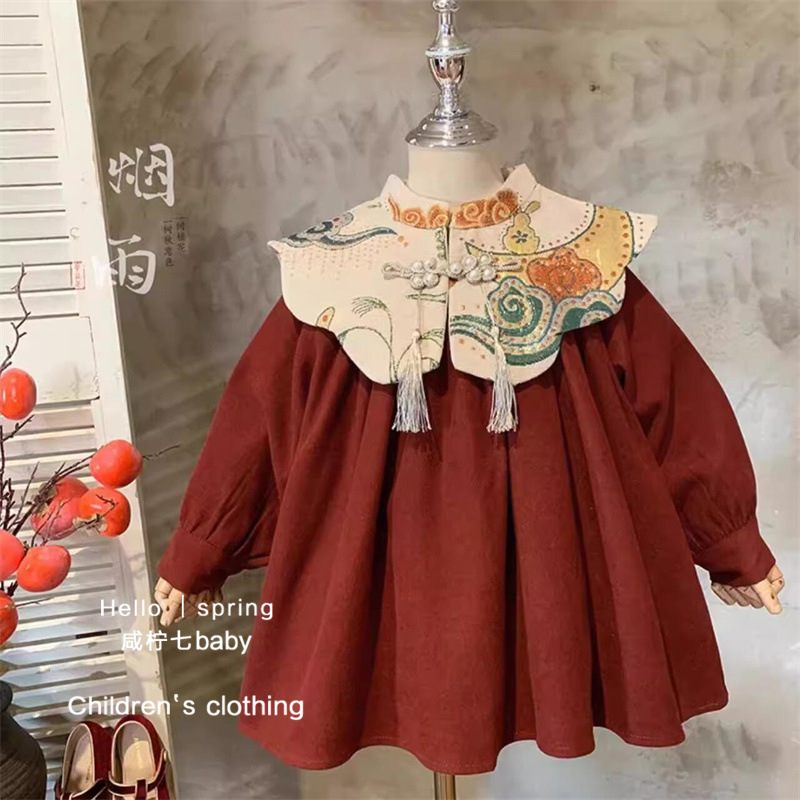 Niñas invierno bordado vestido de hombro nublado vestido de Año Nuevo vestido rojo vestido de Año Nuevo chino vestido de princesa infantil