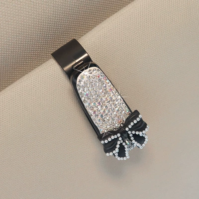 Visor Clip, Car Glasses Clip/Bill Clip - black-bow-white-full-diamond-small-glasses-clip