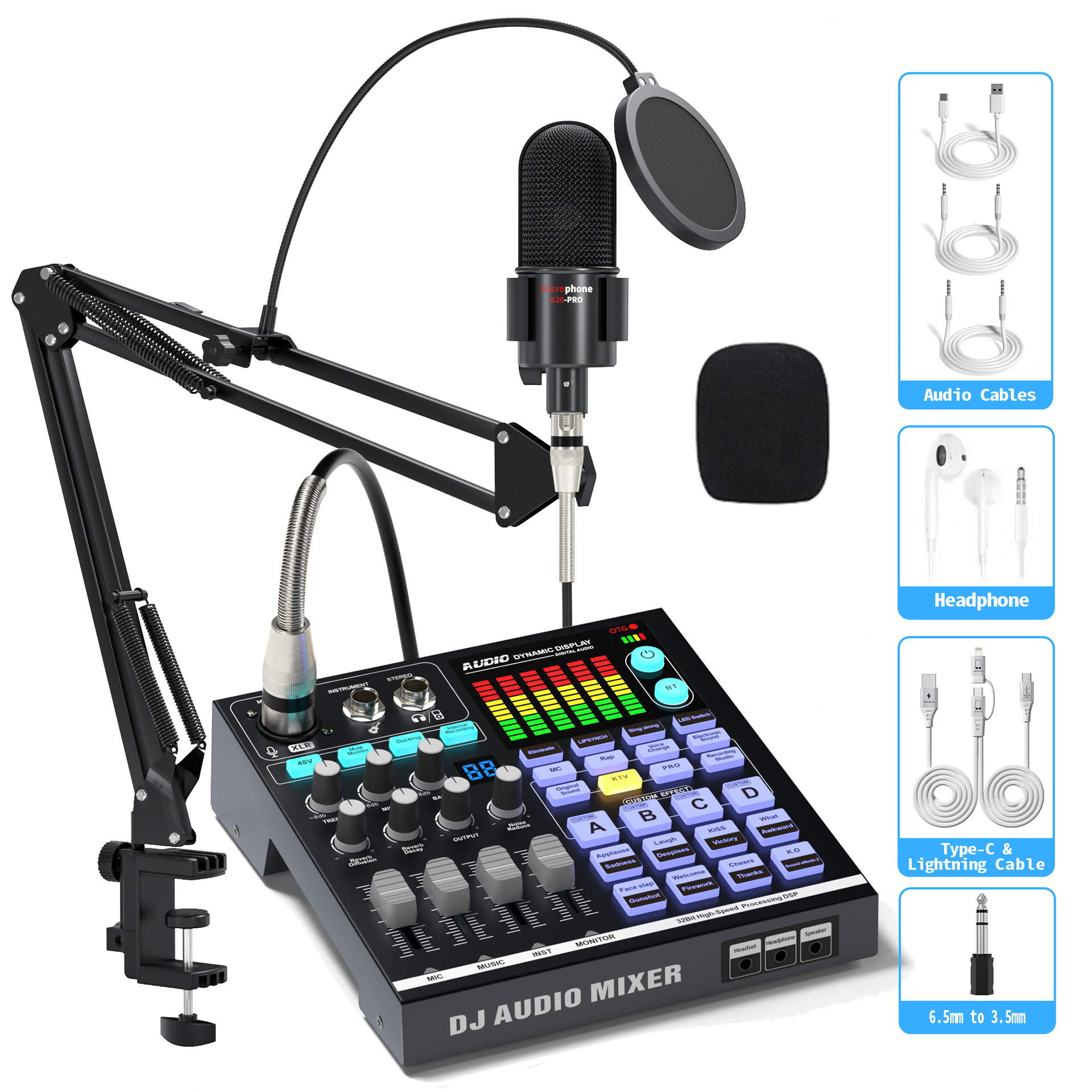 Cross-Border Export English Live Broadcast Sound Card Full Set of Equipment Recording Podcast Tiktok Live Broadcast Dedicated Microphone