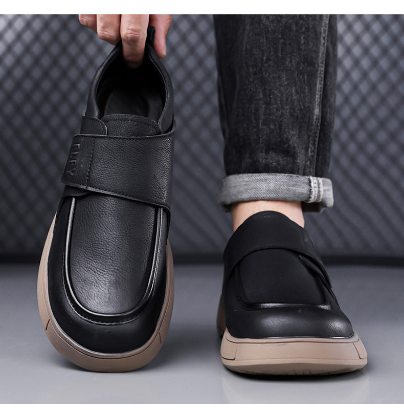 Giày lười nam da PU kiểu retro, quai dán Velcro, form rộng thoải mái, đế cao su êm chân — Màu đen, màu vàng chi tiết 21
