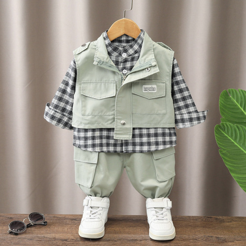 new boys spring and autumn long-sleeved plaid shirt casual trousers sleeveless vest three-piece foreign trade wholesale
