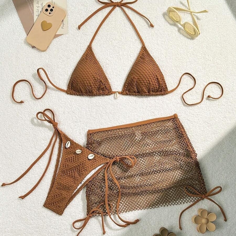 European and American Style Vacation Solid Color Sexy Bikini Three-Piece Set with Halter Neck and Tie, Vacation Style