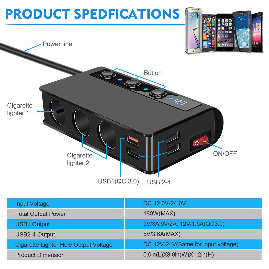 厂家定制LOGO车载车充点烟器数显一拖三180W大功率QC3.0 usb快充