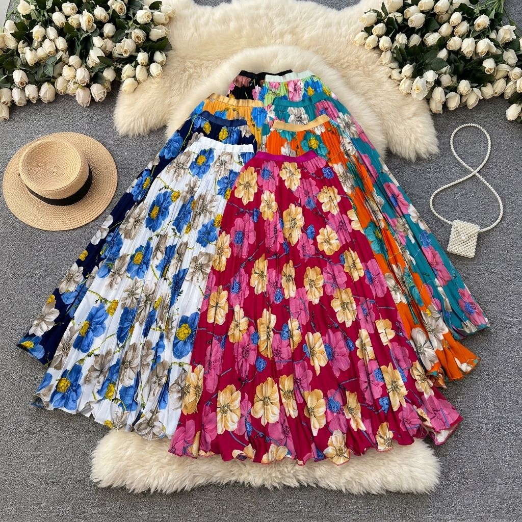 Women's Retro Print Pleated Skirt High Waist A-Line Midi Fashion Skirt for Commuting Summer Long Skirt European And American Style_ecoleips.com