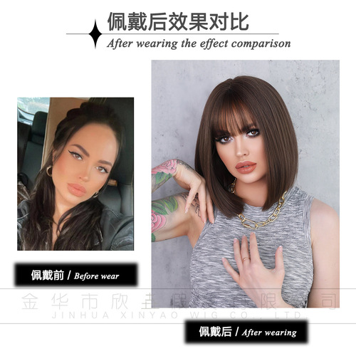 European and American Short-Style Women's Wig, Bobo Cut, Natural Full Headpiece—Lifelike Synthetic Fiber Hair with Realistic Texture for a Genuine Bob Look