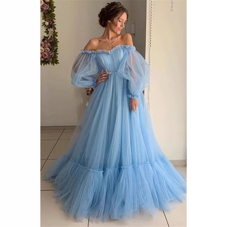 2025 nueva exportación transfronteriza europea y americana ropa de mujer deseo un hombro vestido de novia de manga larga de malla vestido con dobladillo grande