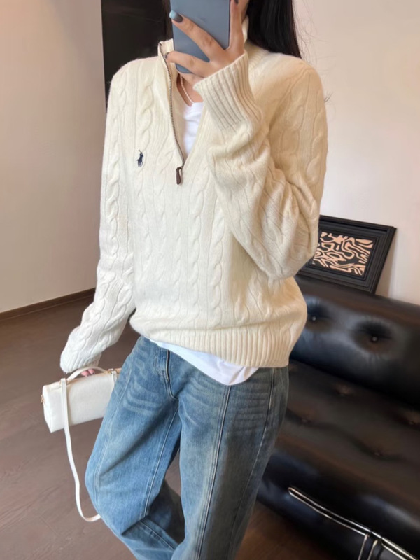 25秋冬新款RL拉夫小马标复古半拉链绞花毛衣女男宽松慵懒风针织上|undefined