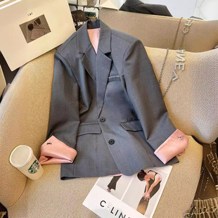 Seeking Jane Gray Suit Jacket Design Sense 2024 Spring New Korean Fashion Contrast Color Stitching Elegant Suit
