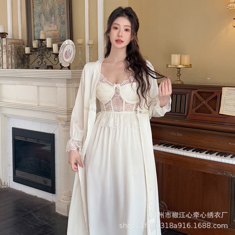French Style Palace Style Ice Silk Pajamas Women's Sexy Lace Belt Chest Pad Sling Skirt Nightgown Vintage Home Clothes Spring and Summer
