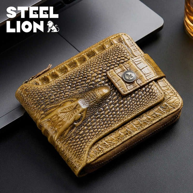 Men's genuine leather crocodile pattern first layer cowhide zipper wallet horizontal multi-card thickened album anti-theft brush wallet