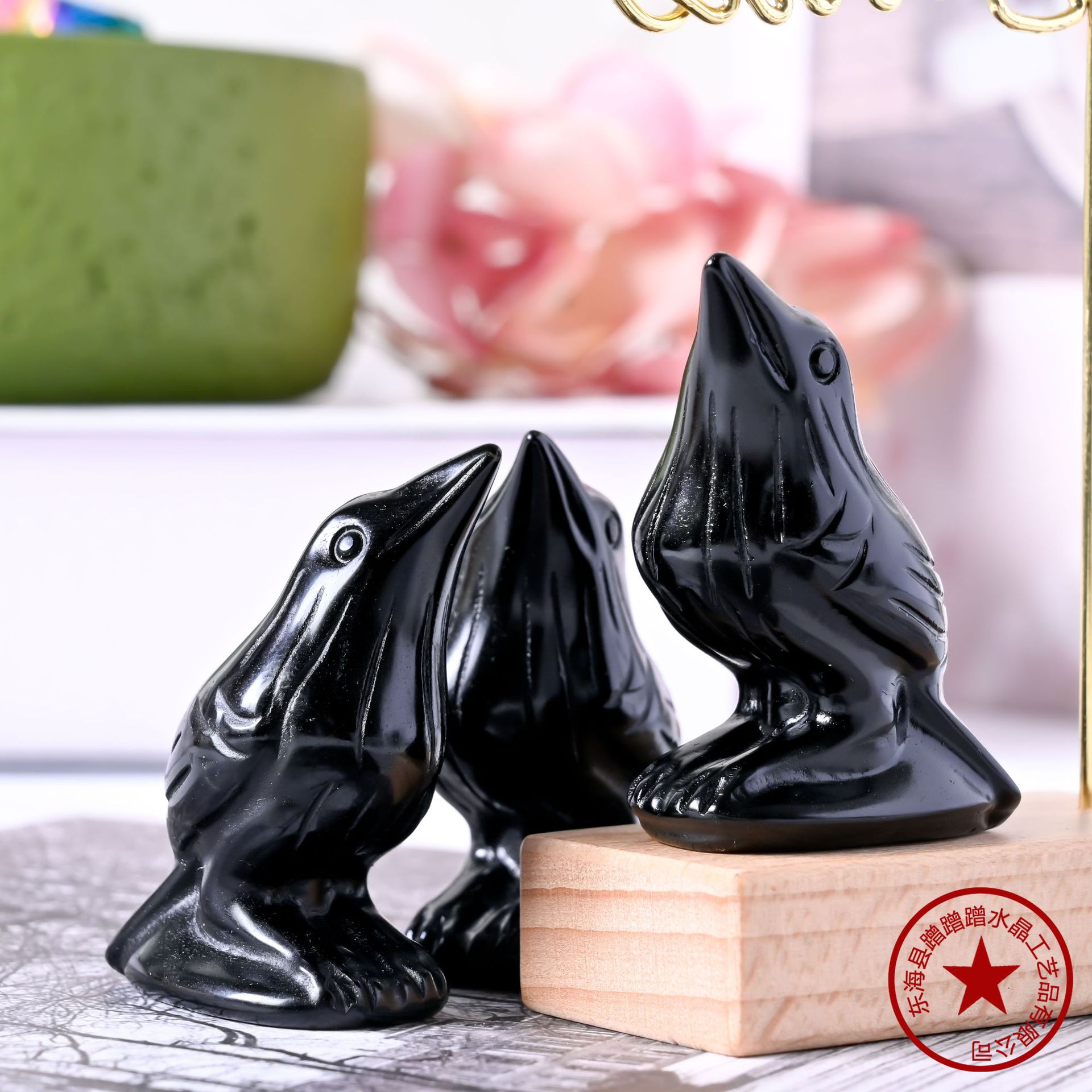 厂家直销天然水晶雕刻黑曜石乌鸦 鸟类 家居装饰水晶小摆件批发