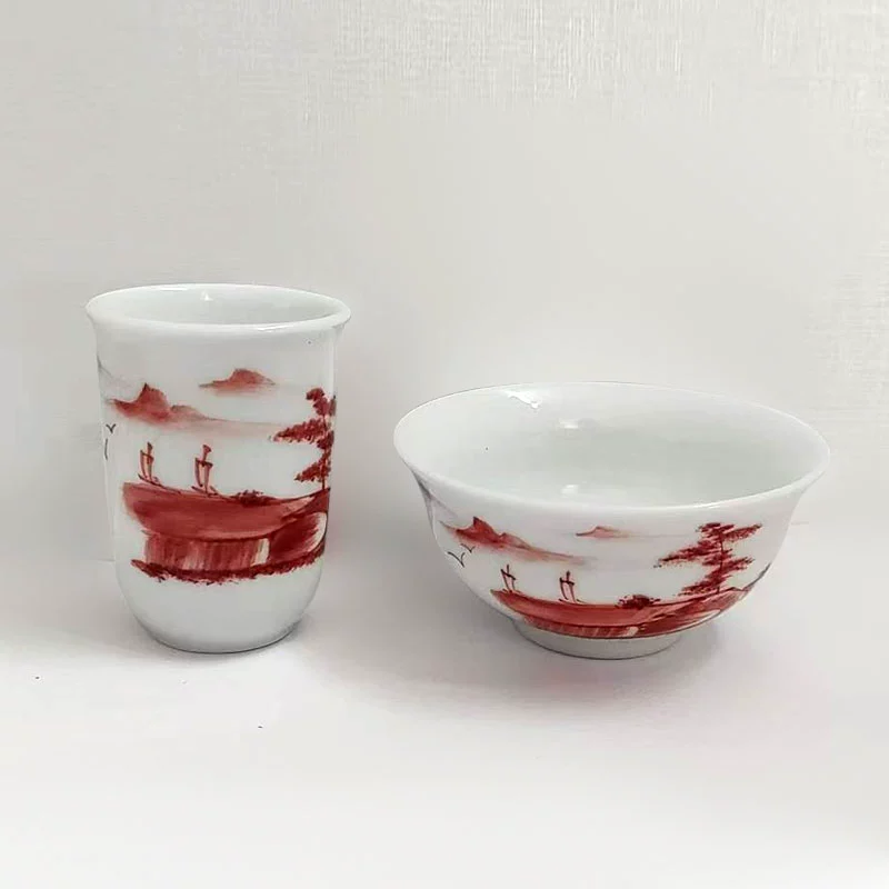 Blue and white tea cup handmade, ceramic set, hand painting