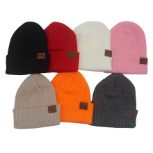 跨境新新款纯色翻边贴布针织帽秋冬季欧美男女户外保暖套头毛线帽