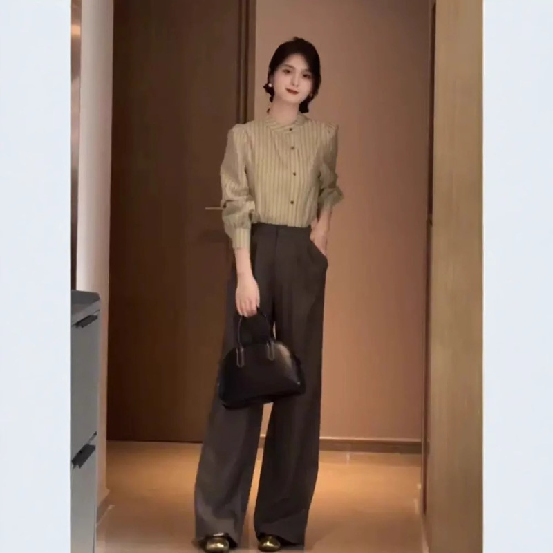 高级感时尚套装2025秋季新款干练气质女装小香风衬衫阔腿裤两件套|undefined
