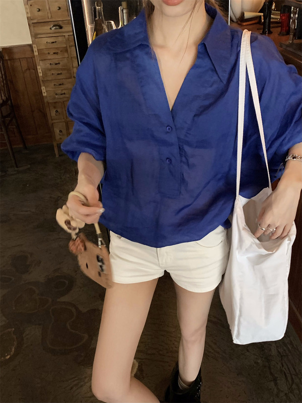 慵懒风宽松POLO领长袖亚麻蓝色衬衫女装秋季休闲气质衬衣小众上衣|undefined