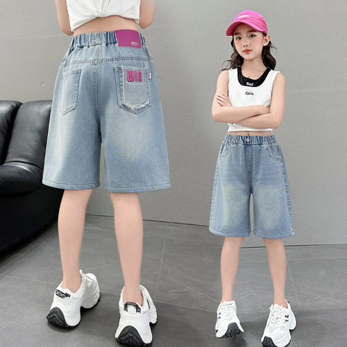 Girls' shorts summer 2025 new summer clothes children's denim mid-trousers outside breathable fashionable mid-size children's five-point pants