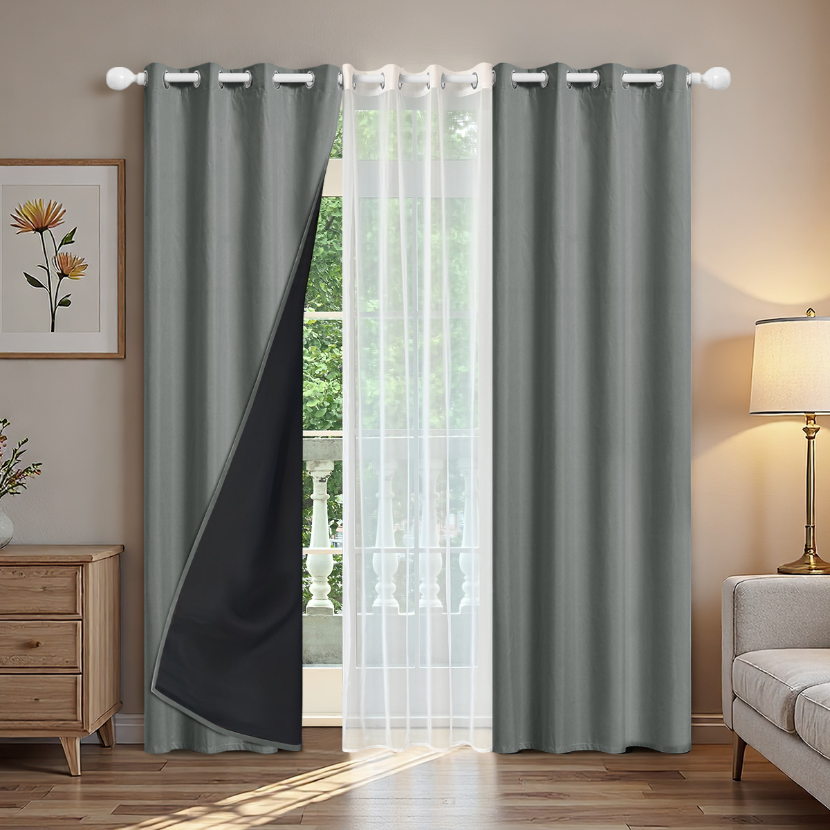 Cortinas perforadas transfronterizas conjuntos de cortinas textiles de primavera cortinas de sombreado 2pcs con doble cadena de tela de trilon 1pc