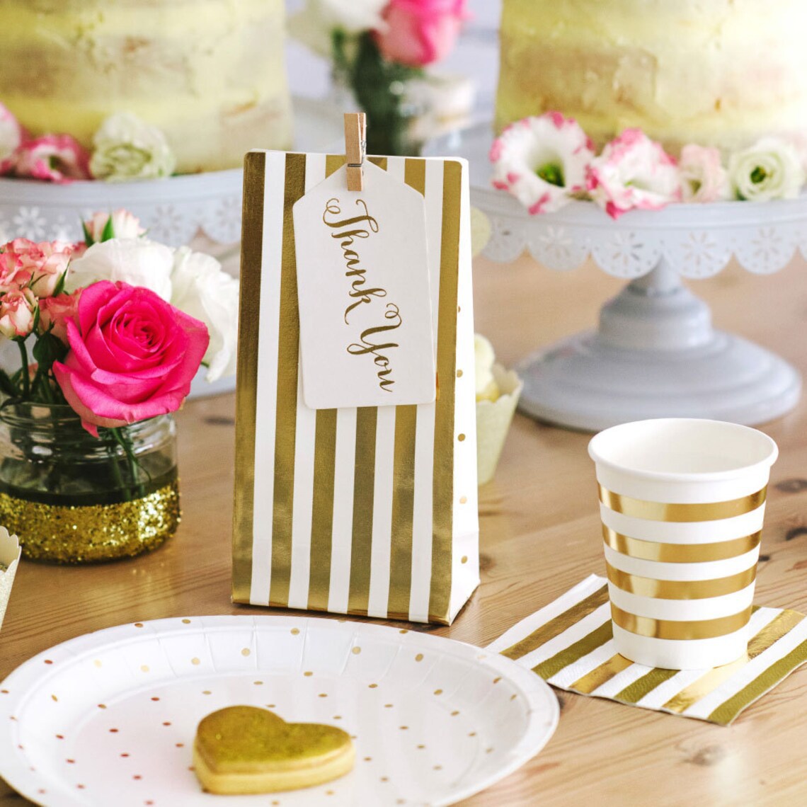 6个装烫金条纹饼干袋糖果包装袋平口礼品袋生日派对伴手礼袋