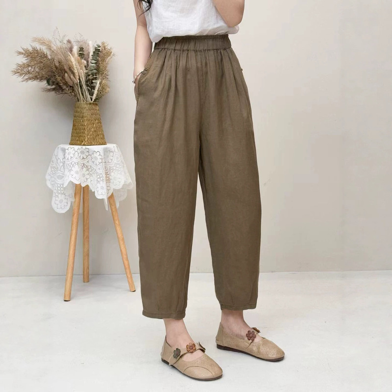 Ancient Clothing Summer Retro Sand-Washed Linen Harem Pants Women's Elastic Waist Loose Pure Color Slimming Look Three-Point Pencil Pants