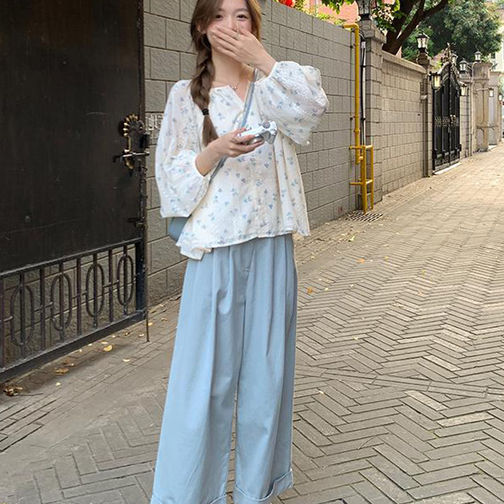 Fresh Style Pregnant Women's Floral Long-sleeved Shirt Loose Slimming suit Overalls Sweet Girly All-match