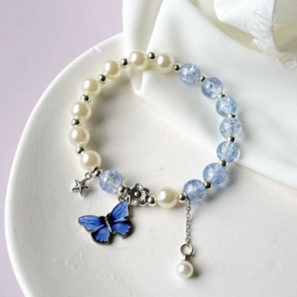 S013-Dark Blue Butterfly Pendant Pearl Blossom Bracelet #SZ151
