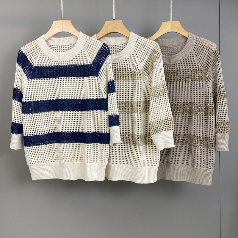 Nanyou Premium 26 Spring/Summer New Bc Linen Striped Color-Block Hollow-Out Sequin Round Neck Knitted Short Sleeve Top for Women Nanyou Premium 26 Spring/Summer New Bc Linen Striped Color-Block Hollow-Out Sequin Round Neck Knitted Short Sleeve Top for Women