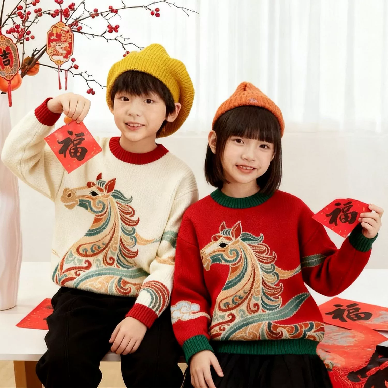 Children's knitted red sweater, 2026 years, western style, Chinese style