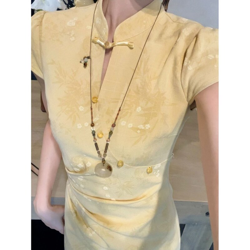 Summer New Style Beautiful Cheongsam Collar Waist Dress [Ruchu] New Chinoiserie Jacquard Improved Cheongsam for Women
