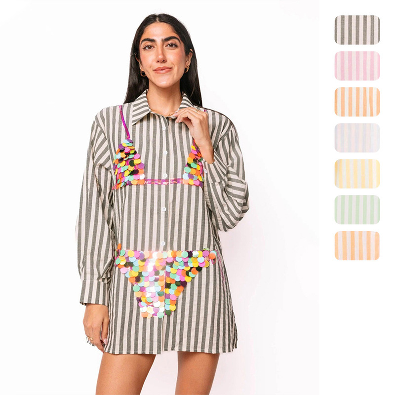 Independent brand European and American women's clothing, collared striped long-sleeve casual shirt with colorful sequin bikini design decoration 8257 Independent brand European and American women's clothing, collared striped long-sleeve casual shirt with colorful sequin bikini design decoration 8257